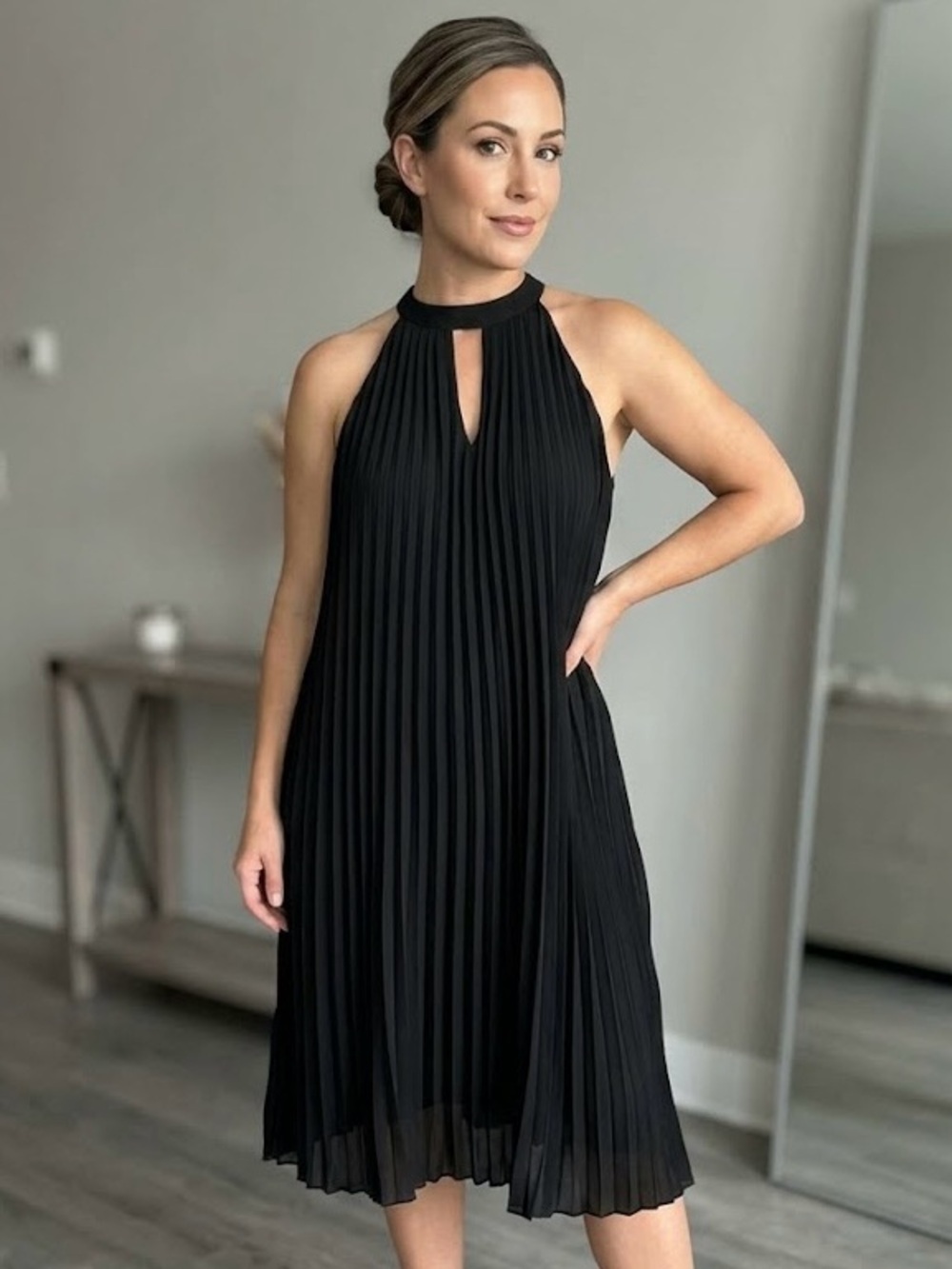 Black Swan Pleated Halter Shift Dress Black Chiffon Evening Mini Cocktail Party